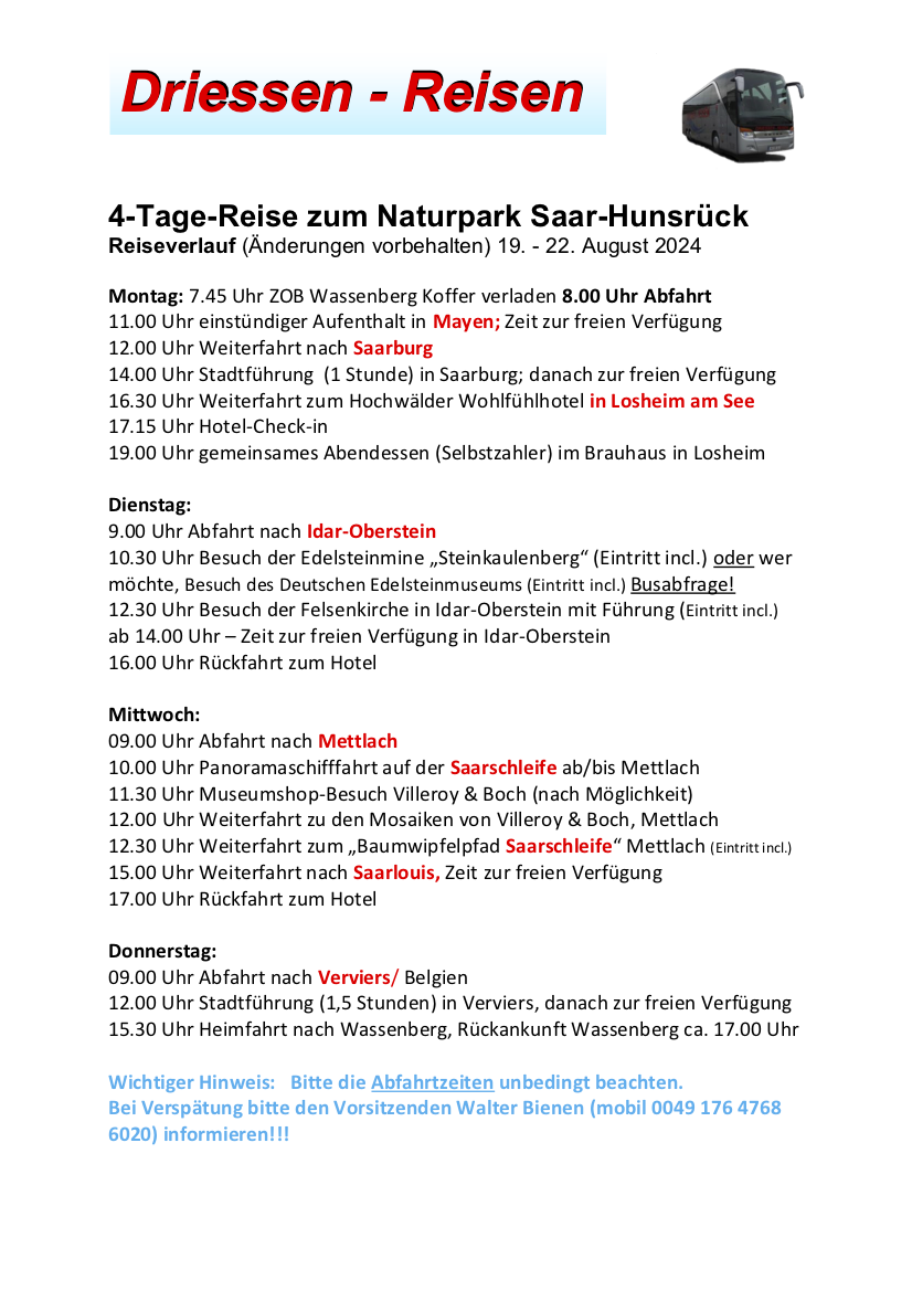 Reiseverlauf Naturpark Saar Hunsrück August 2024